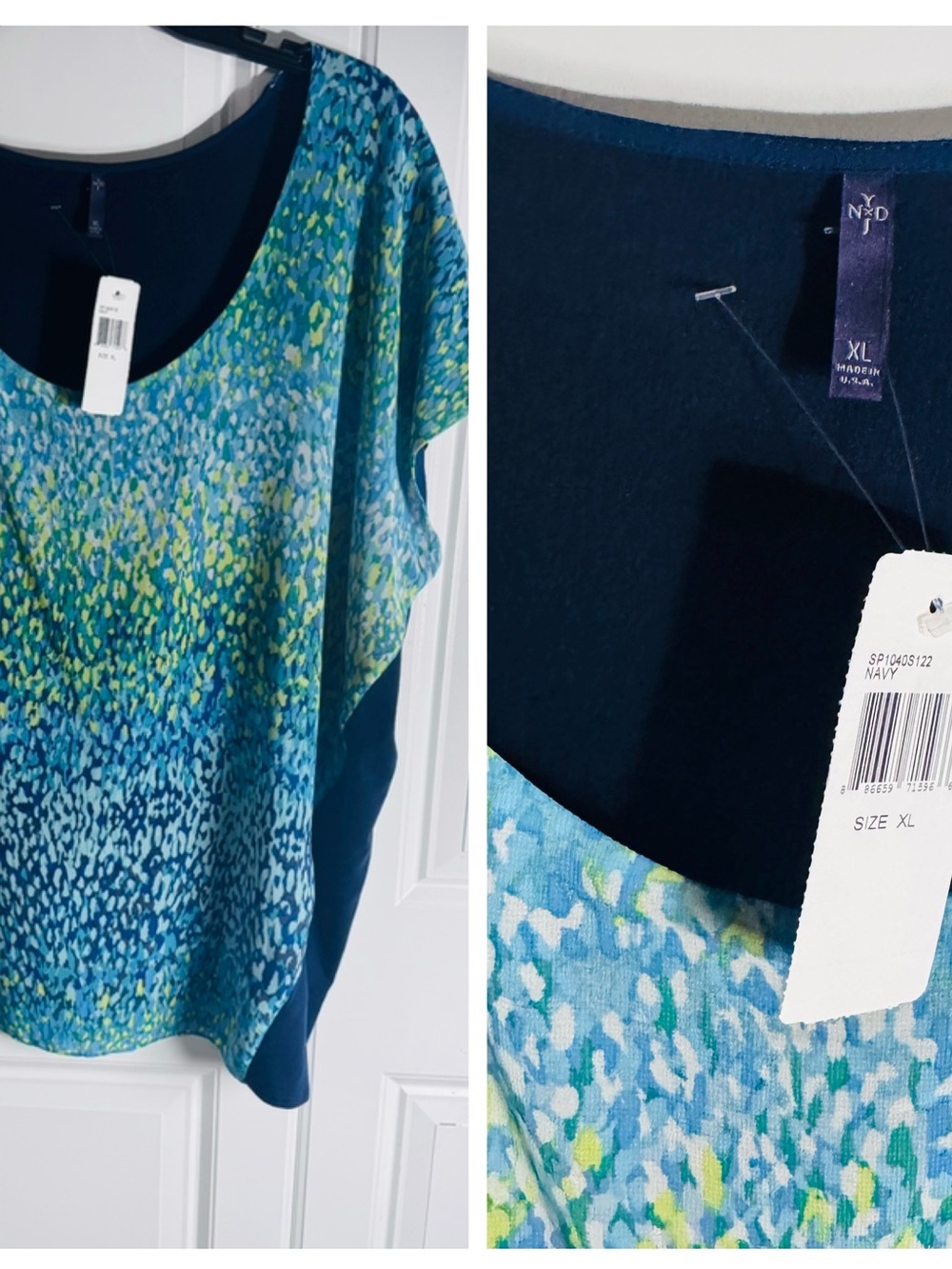 NYDJ Navy, Aqua & Lime Printed Short Sleeve Tunic